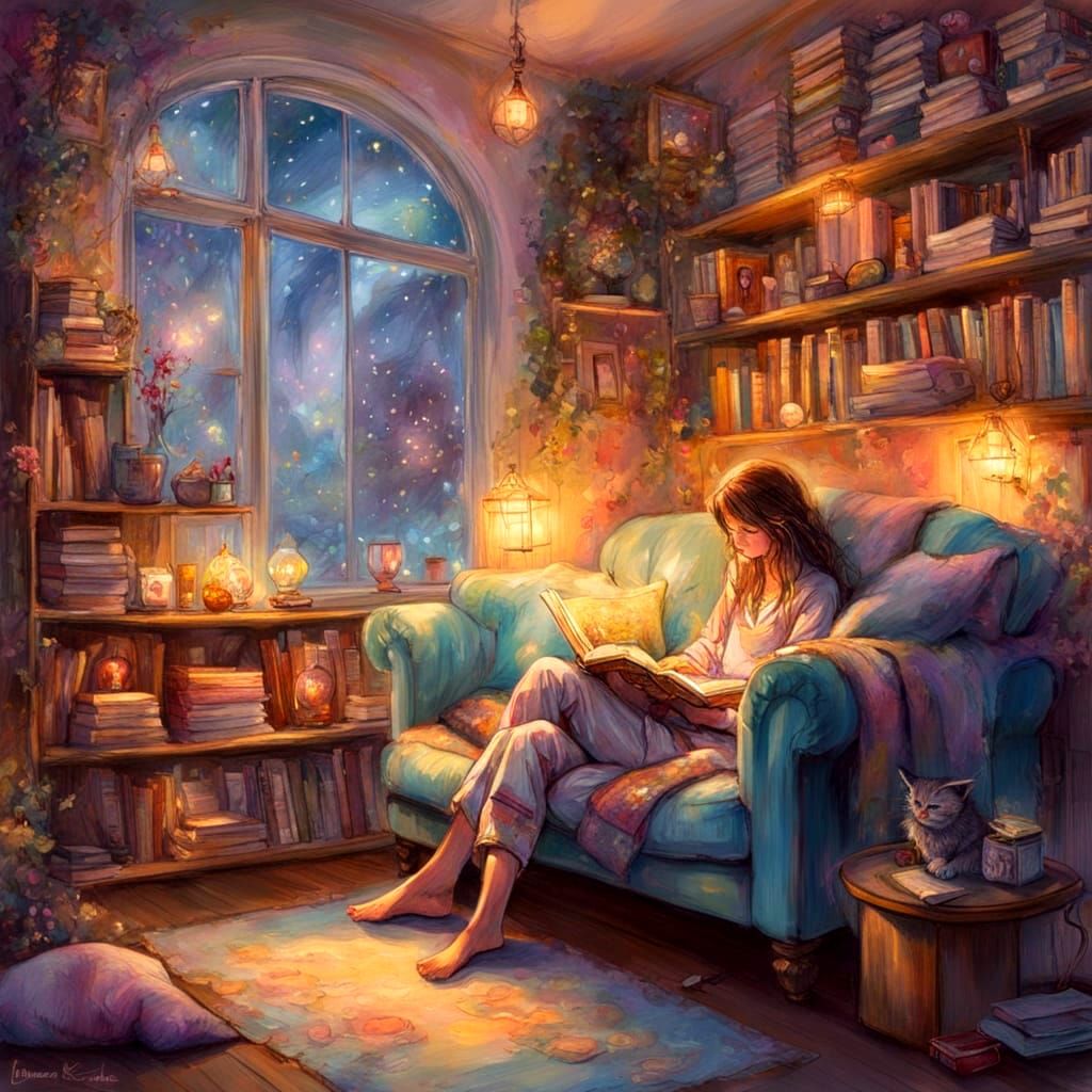 Cozy Reading Nook in Kinkade Style