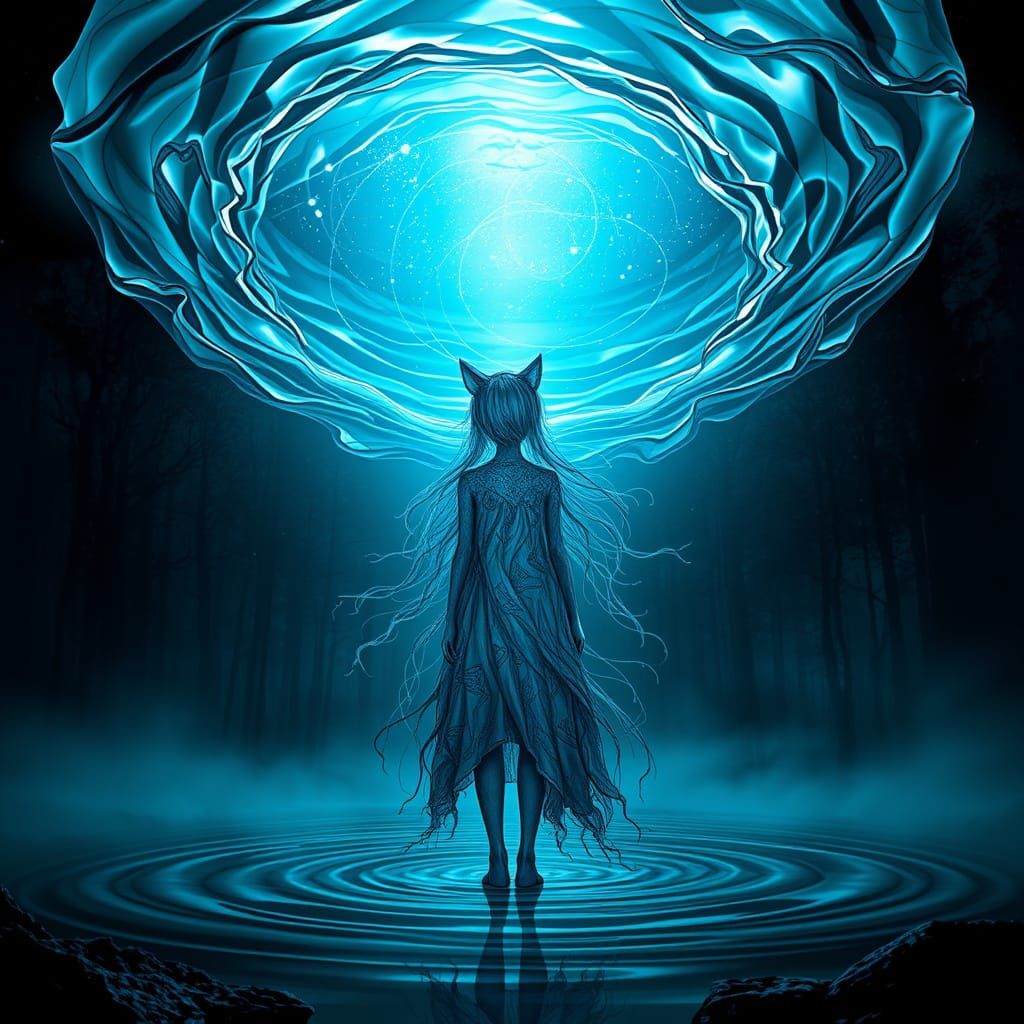 Mystical Girl Stands at Threshold of Shimmering Water Portal...