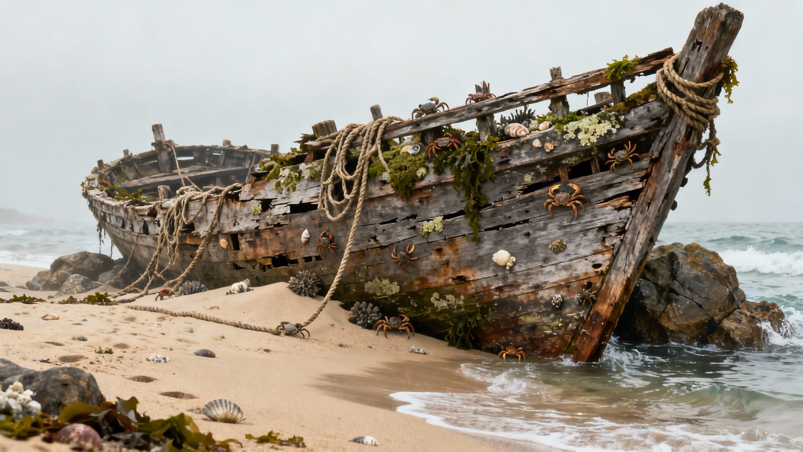 Shipwrecked Galleon on Shore with Marine Life
