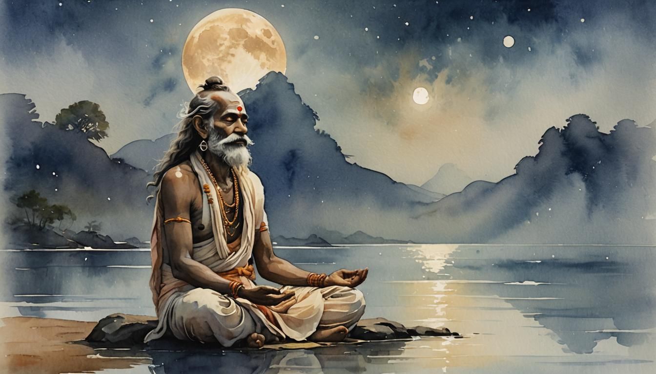 Meditating Sadhu Under Moonlight: Abstract Expressionism