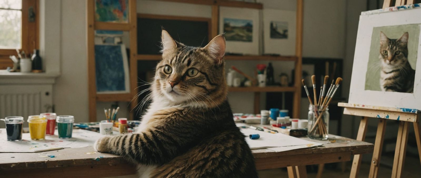 Cat Painting Self-Portrait at Easel