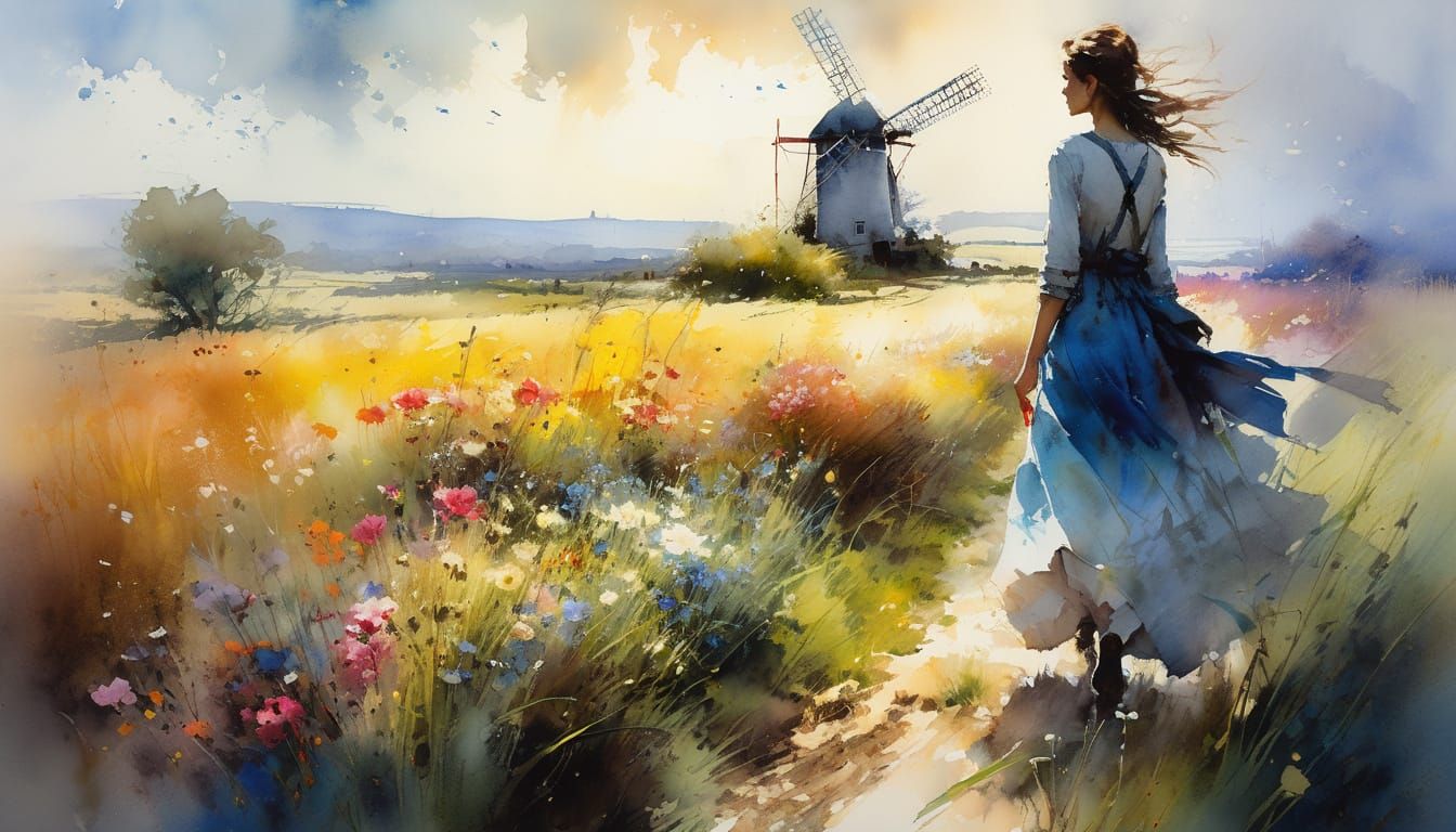 Picturesque Spring Countryside Watercolor Painting