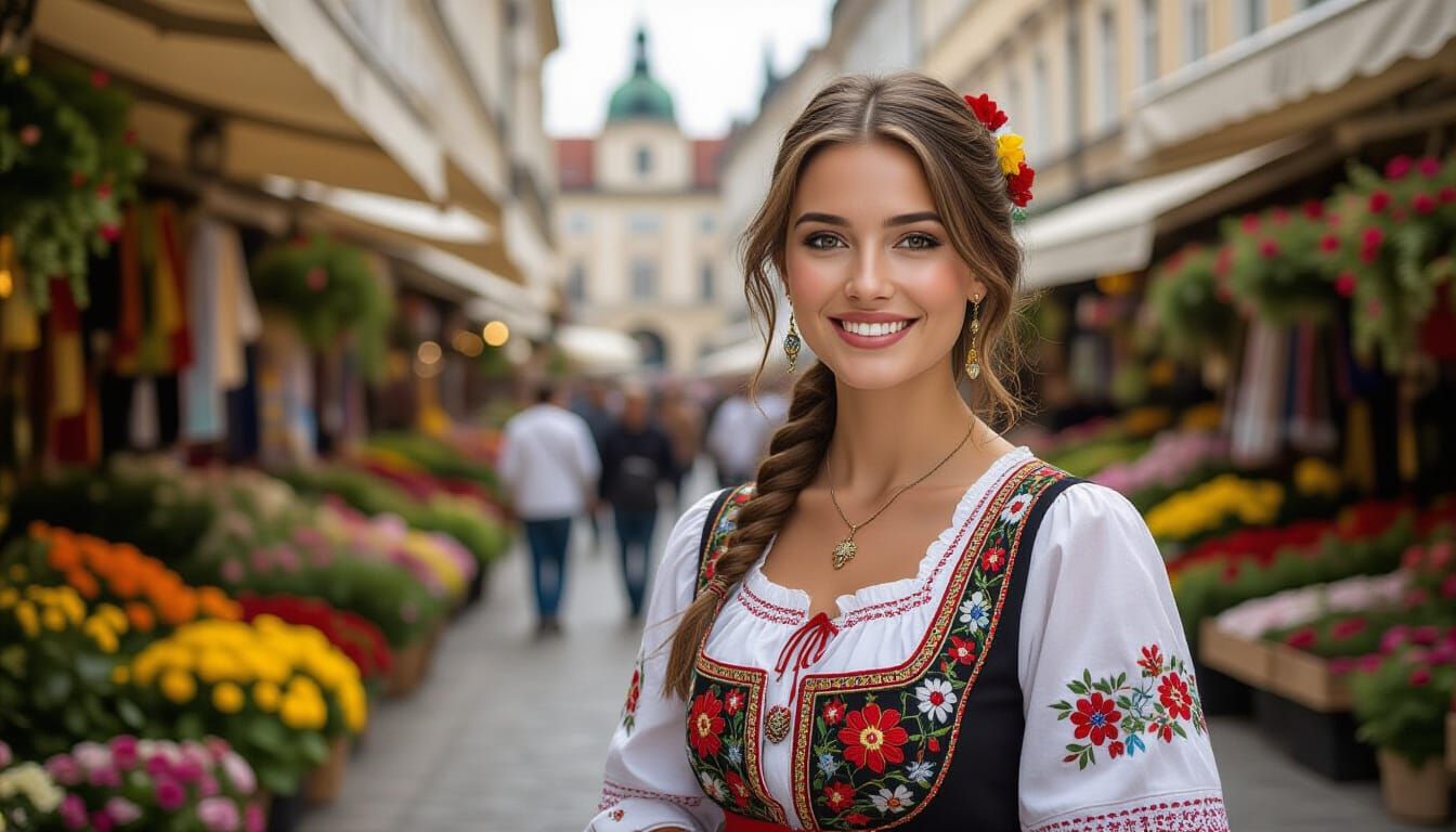 Hungarian Woman in Traditional Dress in Budapest Market