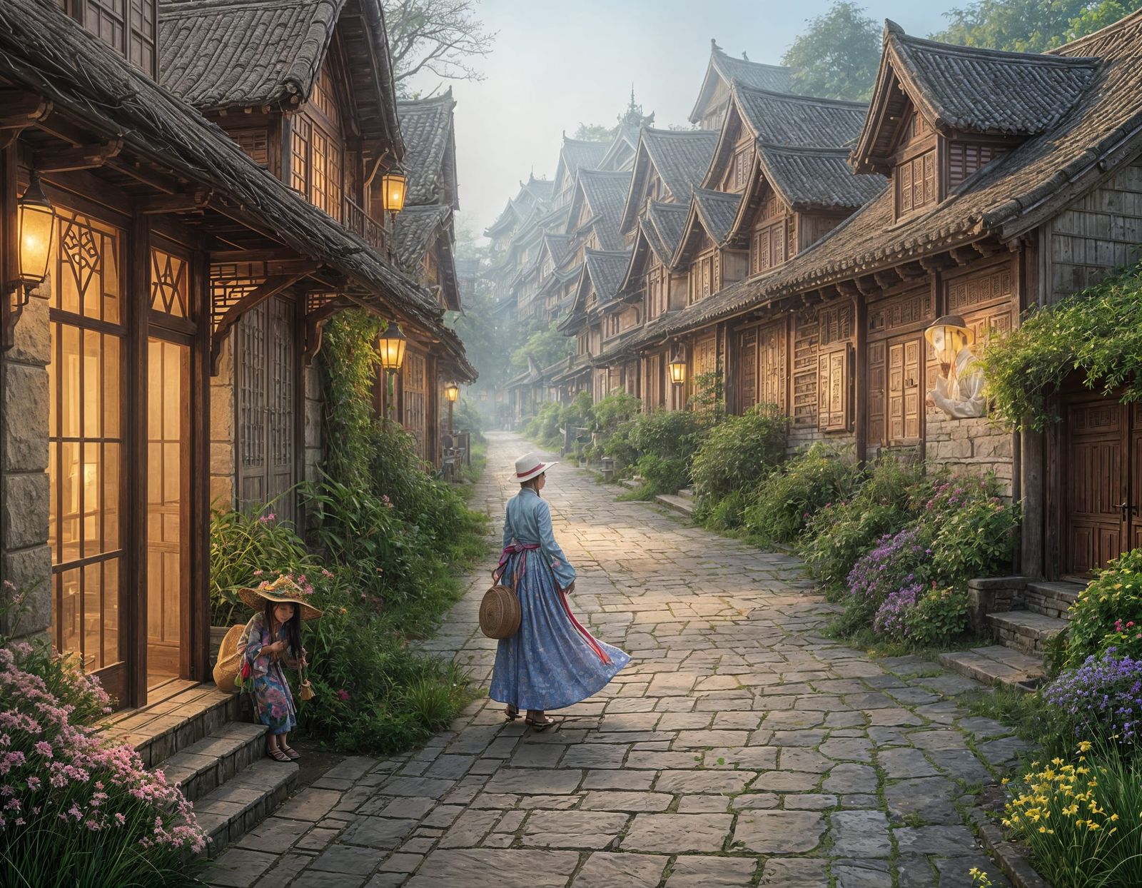 Chinese Lady in Foggy Village, Whimsical Asian Scenery