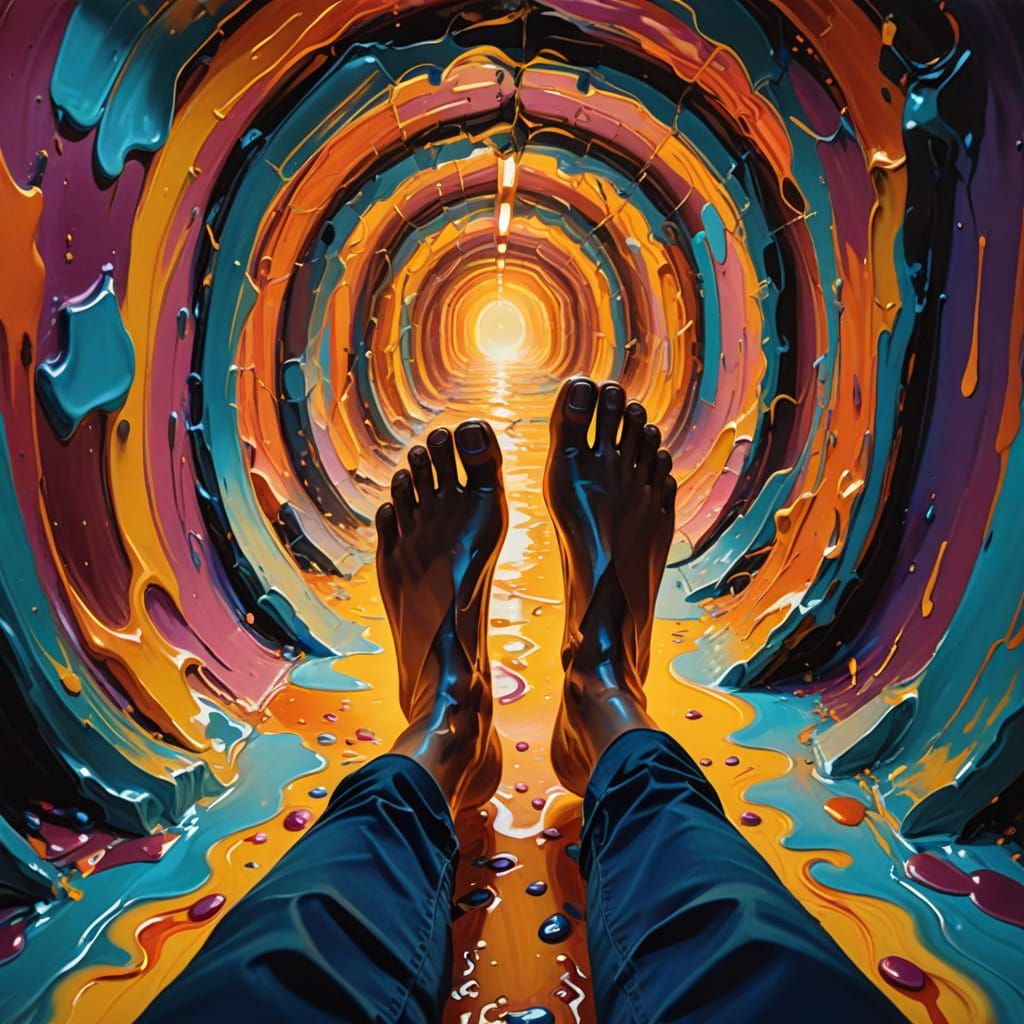 Psychedelic Tunnel Fall: A Surrealist Oil Painting
