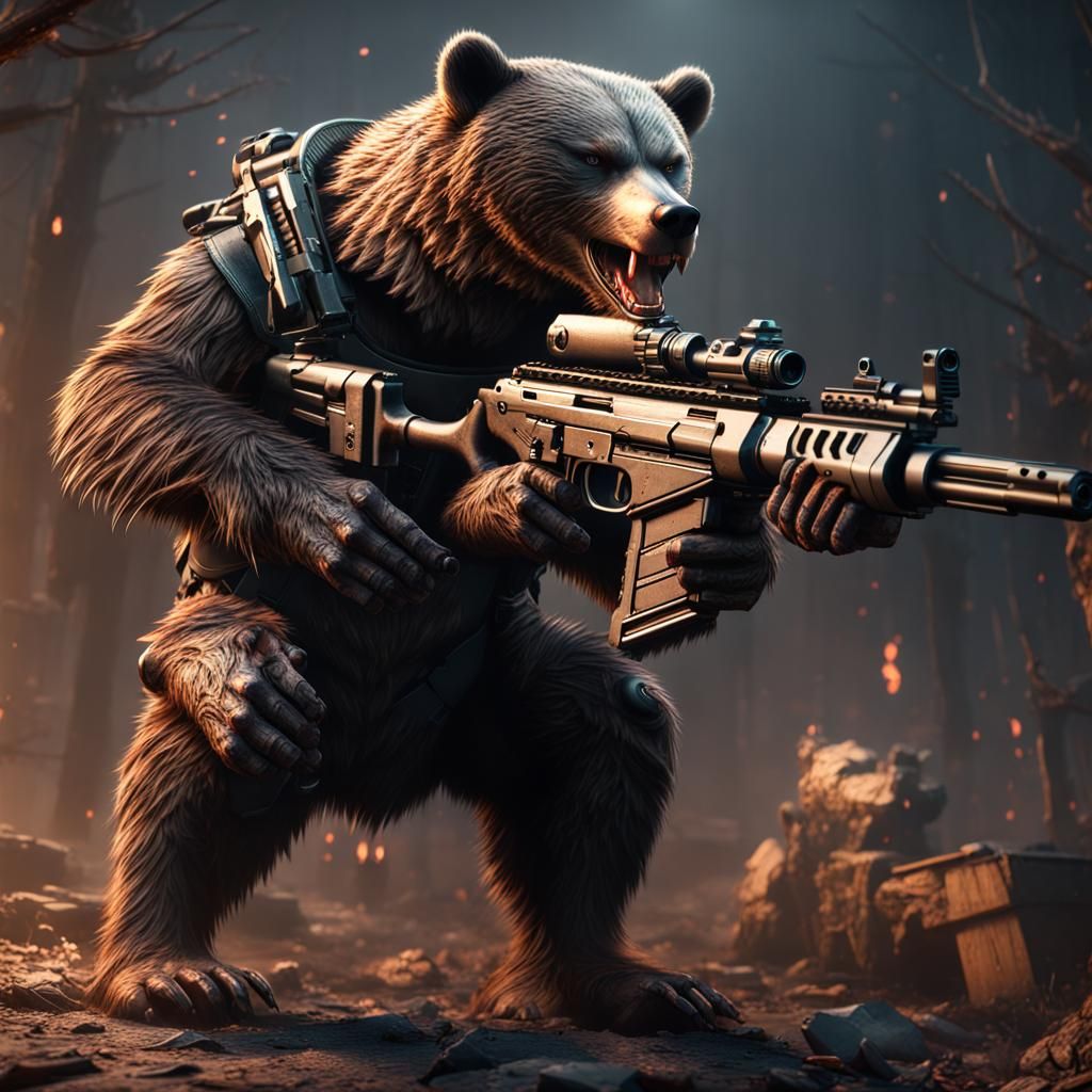 Demonic Mutated Grizzly Bear with Machine Guns