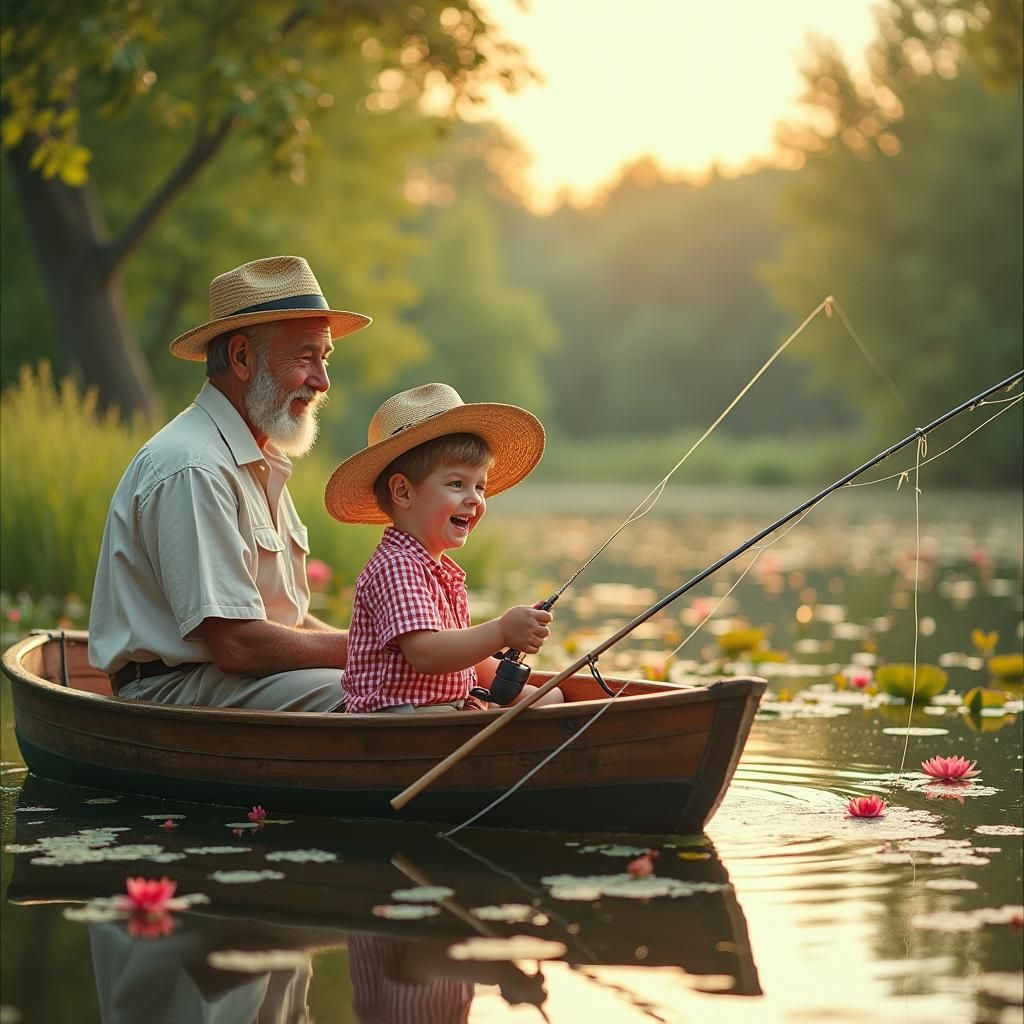 Boy's First Fish: Nostalgic Americana Illustration