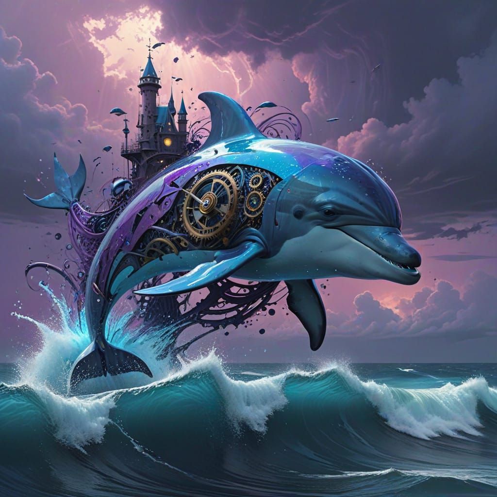 Majestic Clockwork Dolphin in Vibrant, Dreamlike Vortex