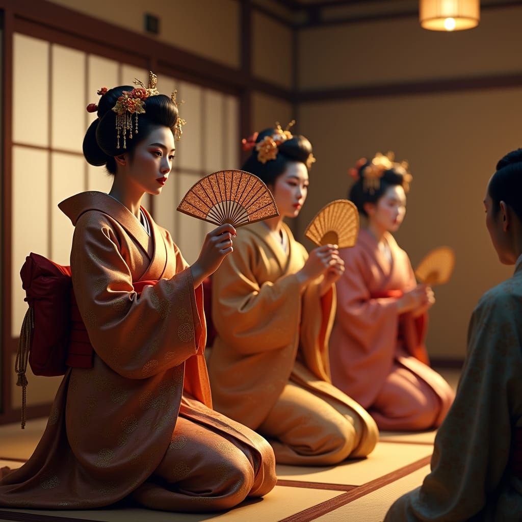 Traditional Japanese Geishas in Elegant Tatami Room