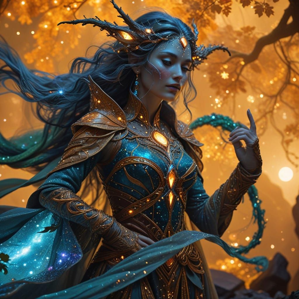 Ethereal Woman Amidst Whimsical Vines and Celestial Wonder