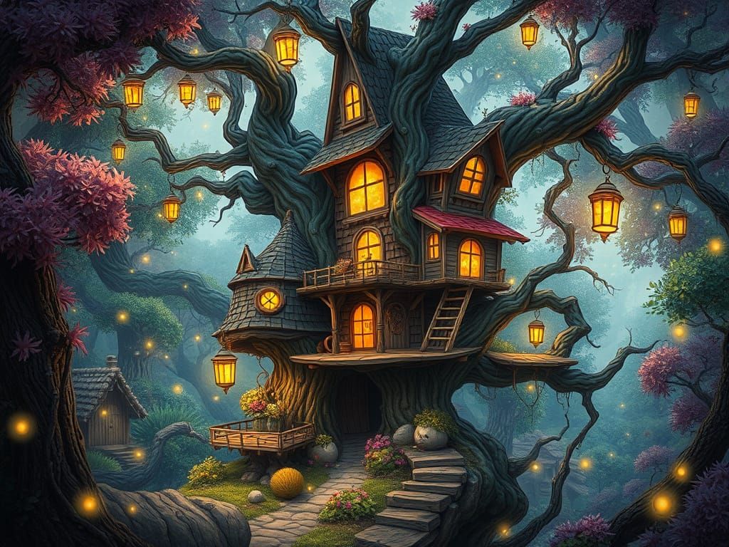 Enchanted Treehouse in Vibrant Lush Forest