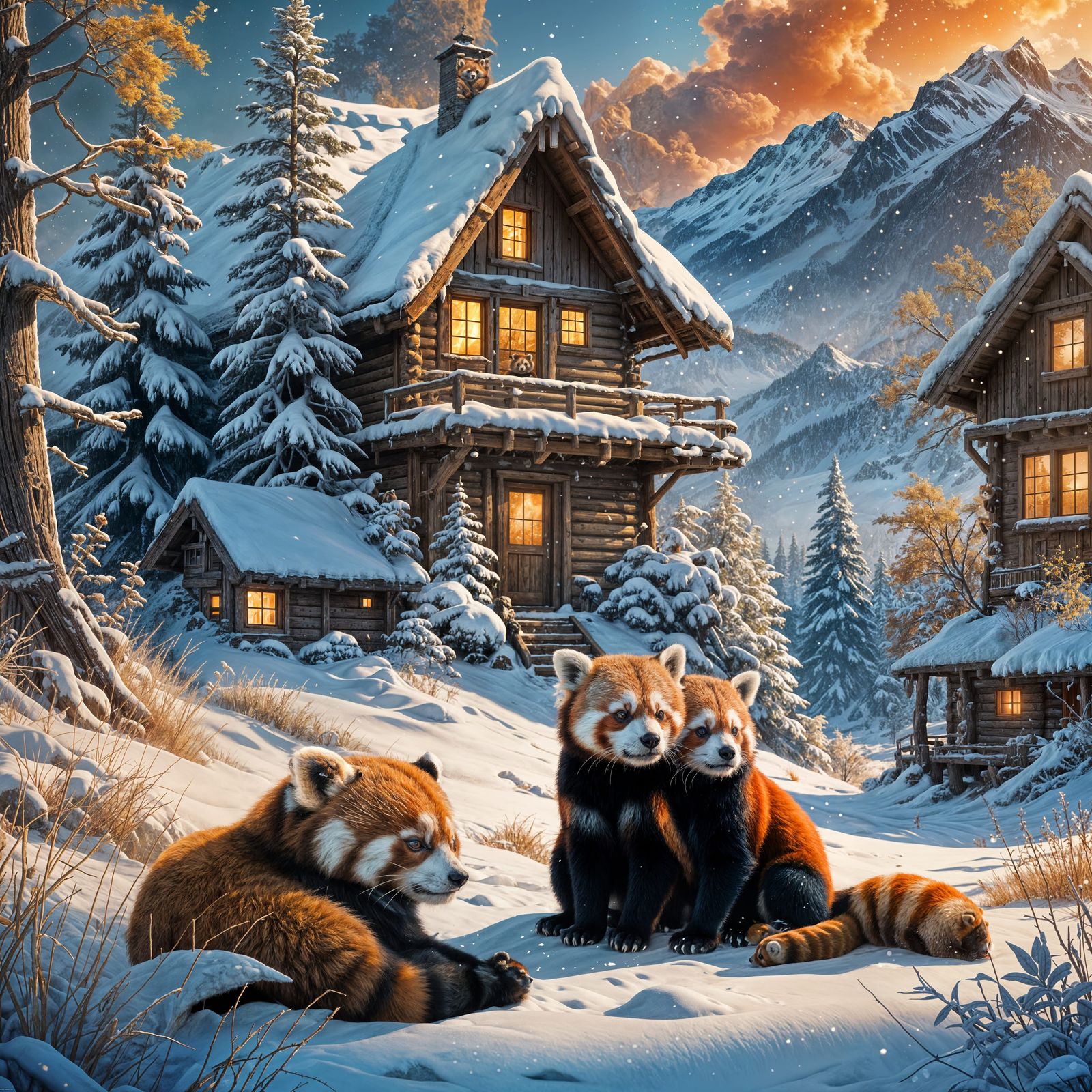 Red Pandas Cuddling in Snowy Mountain Cabin, Detailed Matte ...