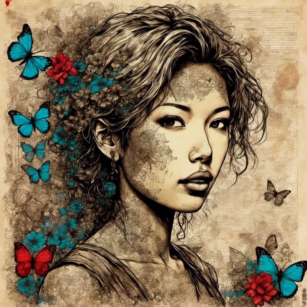 Detailed Render of Woman with Flowers and Butterflies