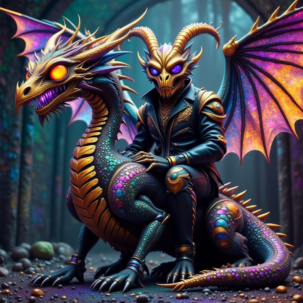 Gilded Skeleton Rides Cosmic Dragon: Digital Art