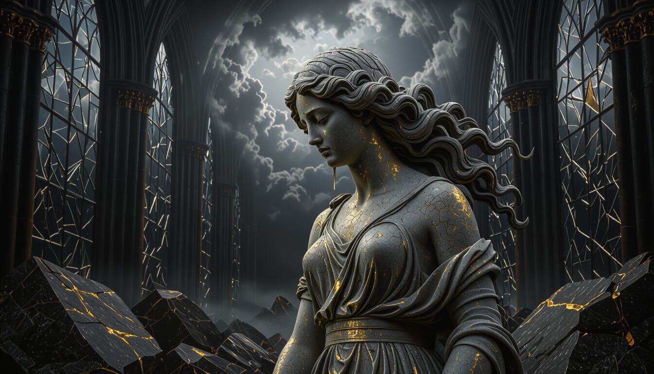 Stone Woman Statue in Ruined Cathedral