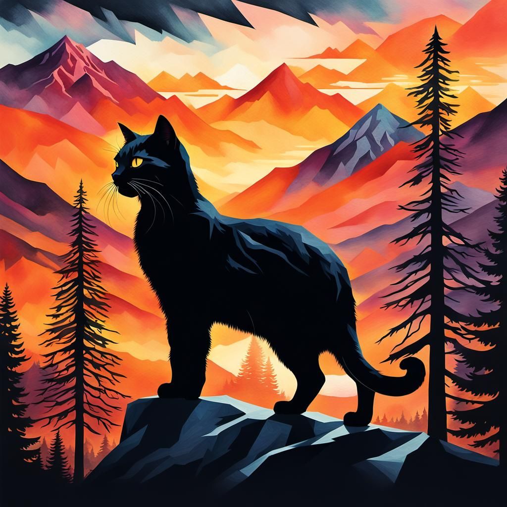 Cat Silhouette Filled with Mountain Sunset, Detailed Matte P...