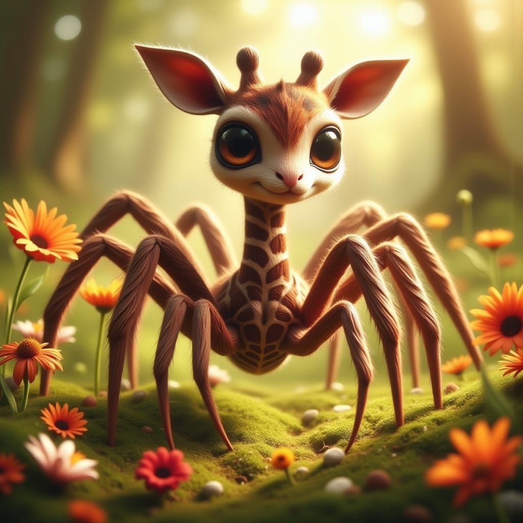 Whimsical Giraffe-Spider Hybrid in a Lush Meadow