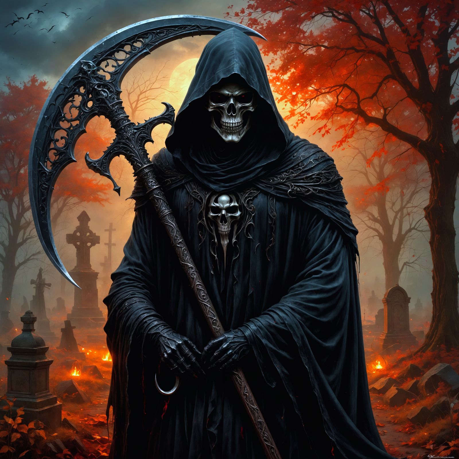 Eerie Grim Reaper in Foggy Graveyard, Digital Art