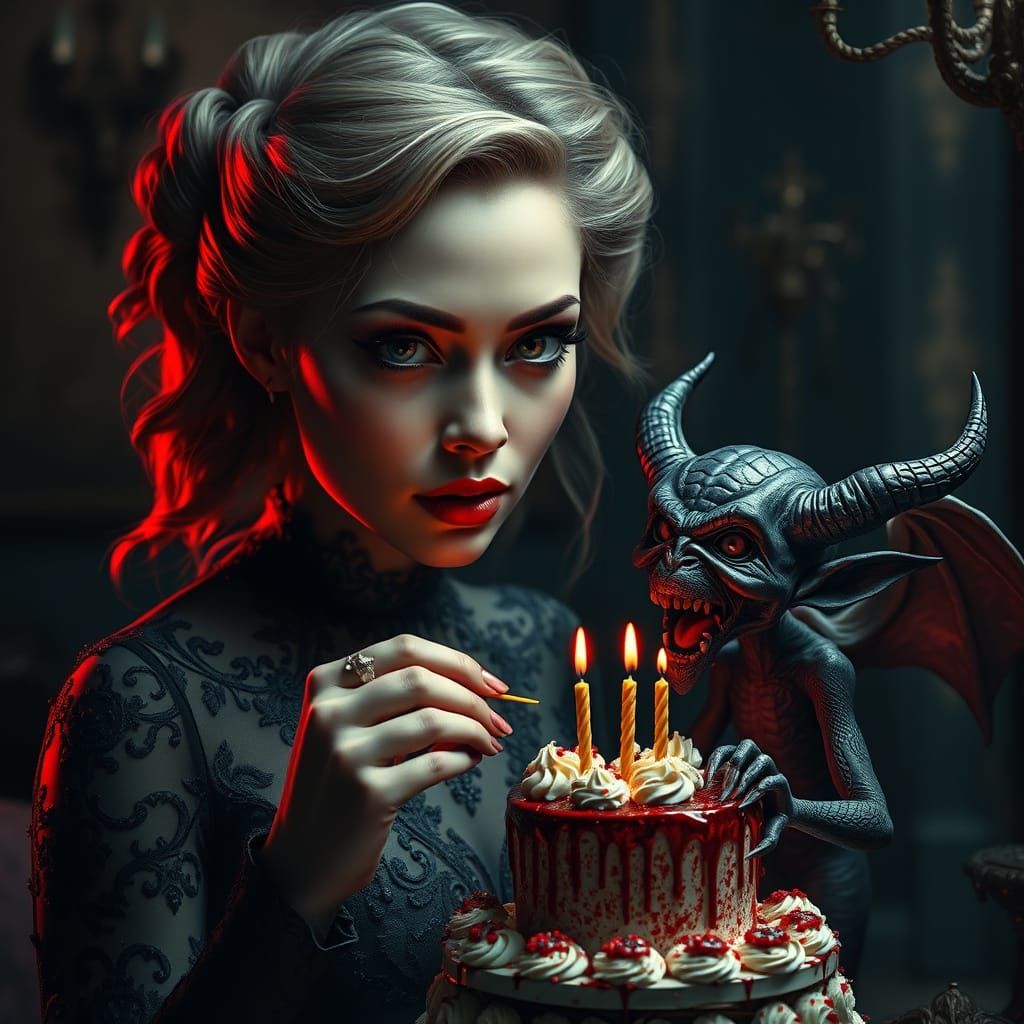 Beautiful Woman Watches Devil Eat Cake