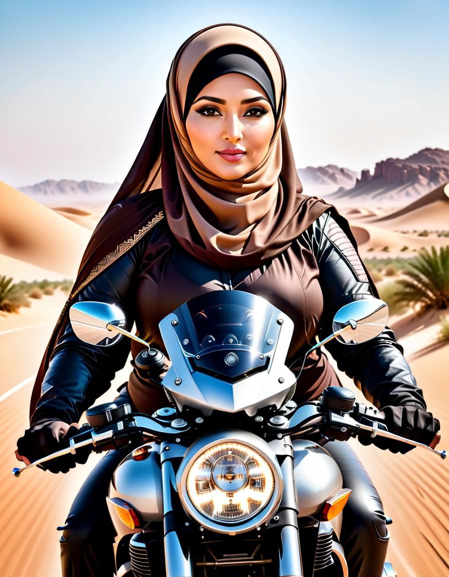 Beautiful Hijabi Woman Biker Portrait in Desert Road
