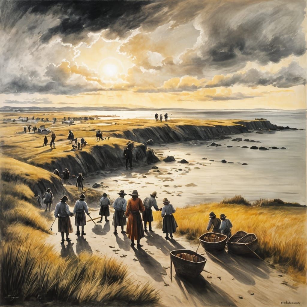 Beach Scene with Renaissance Workers in Baroque Style