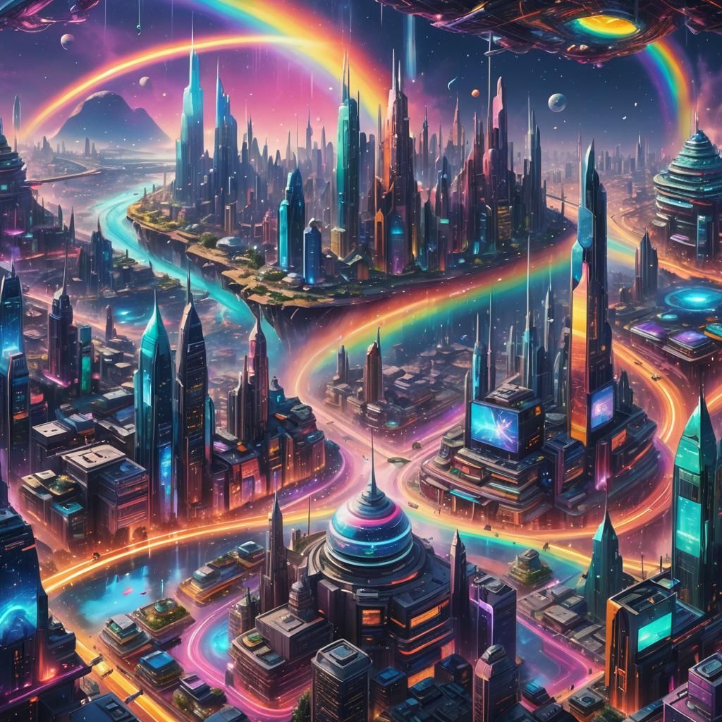 Futuristic Rainbow City: Holographic Cosmic Illustration