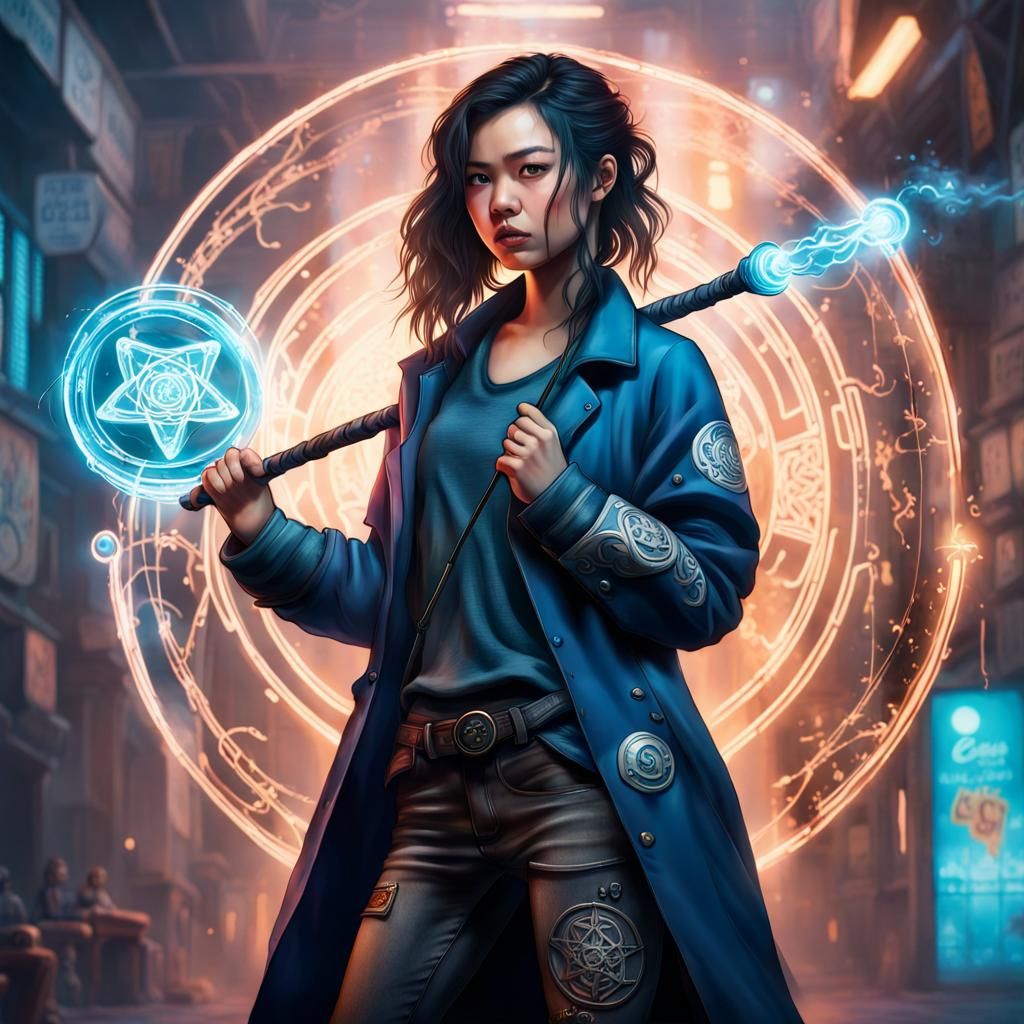 Cyberpunk Portrait of Woman with Magic Staff