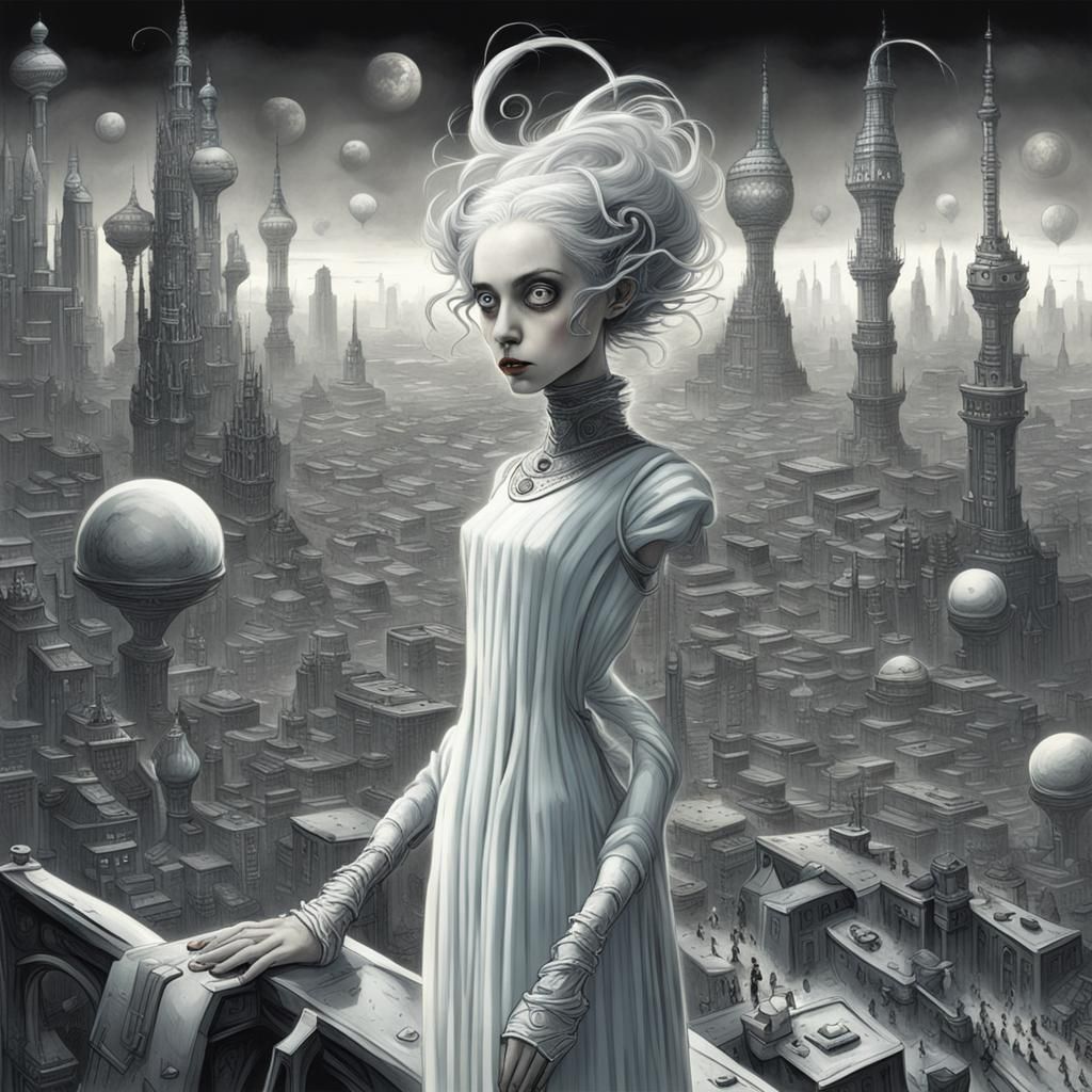 Gothic Girl in a Futuristic Cityscape