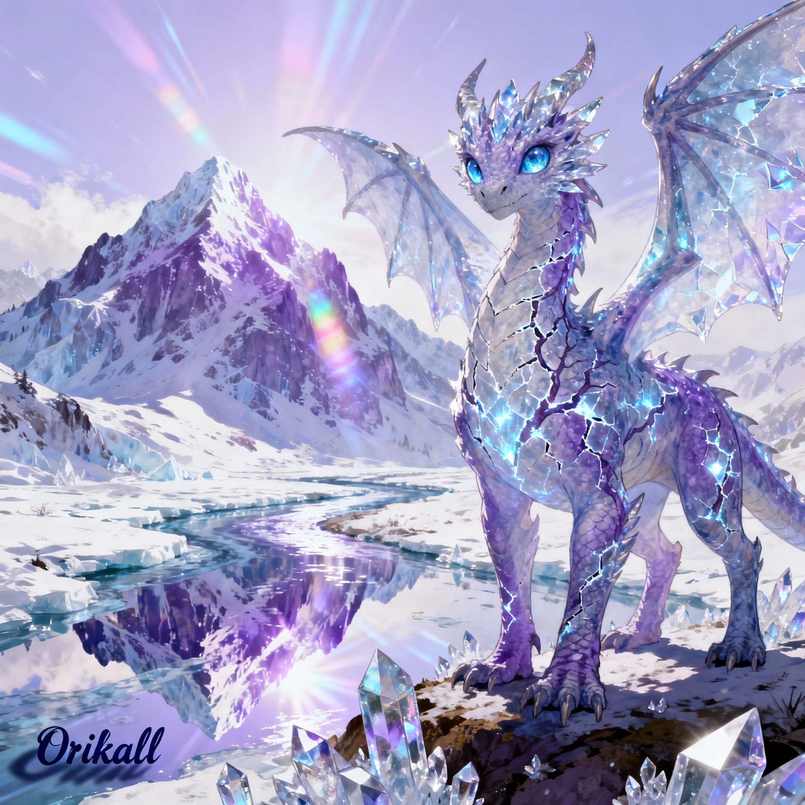 Ice Dragon Emerging from Glacial River Illustration
