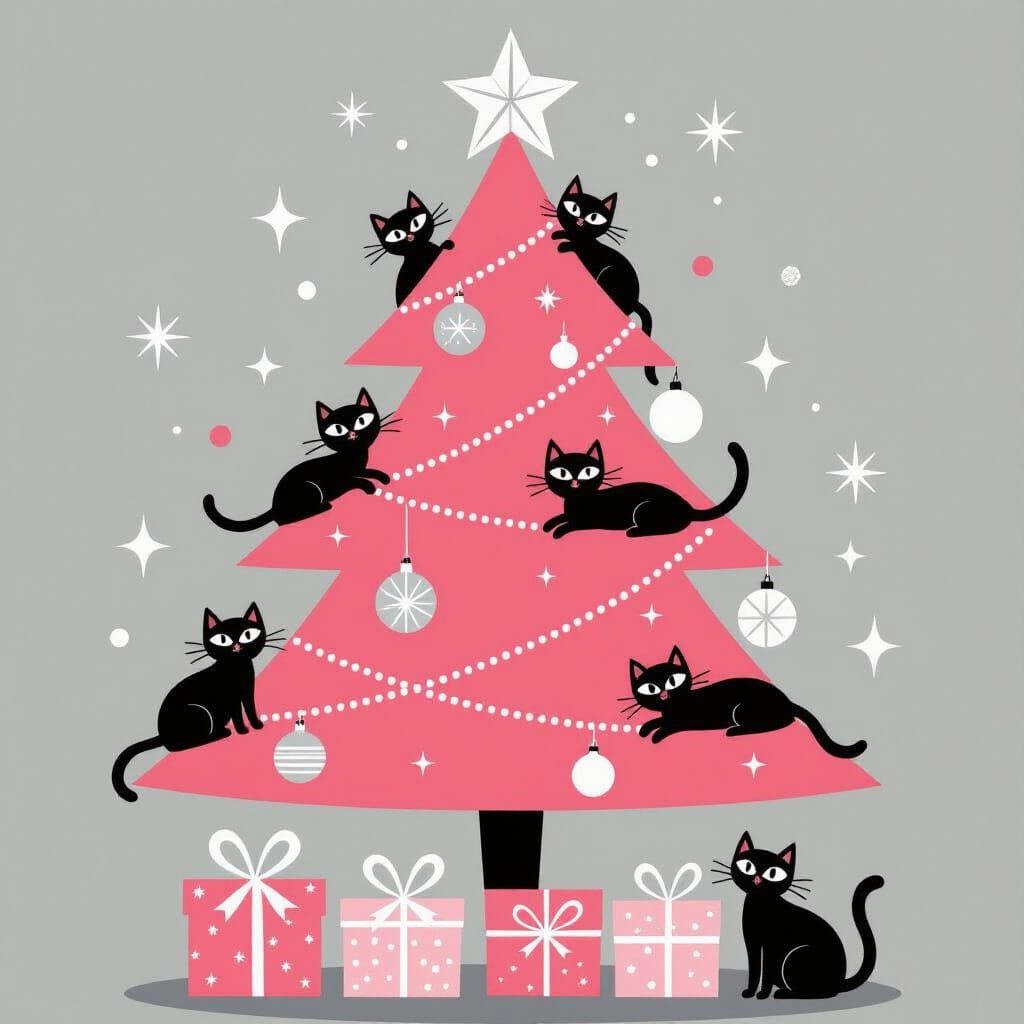 Mid-Century Modern Pink Christmas Tree with Cats