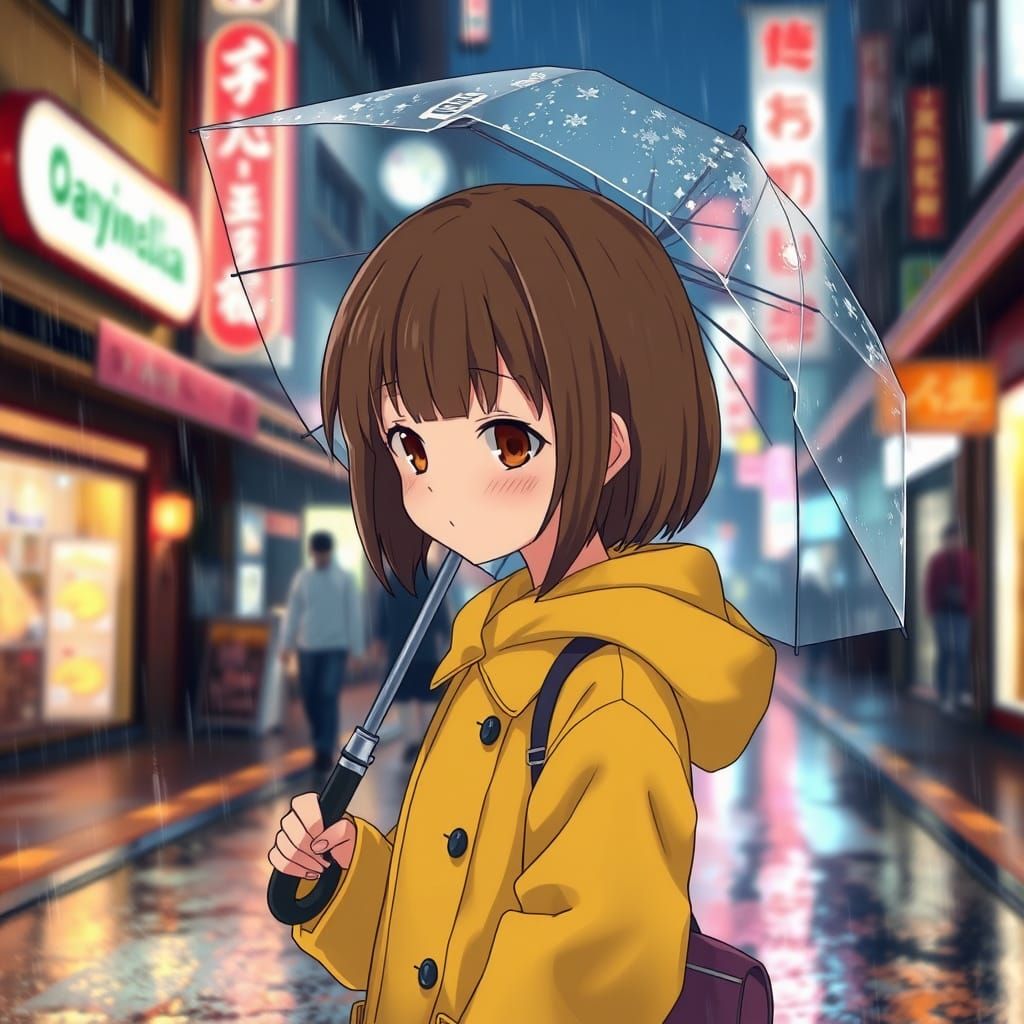 Young Anime Girl Walks Alone Through Rainy City Streets in W...