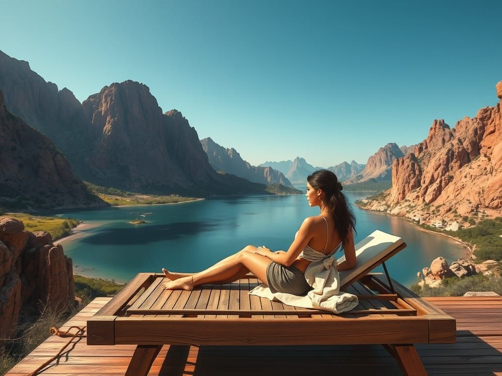 Lara Croft Relaxing in a Lush Oasis Landscape