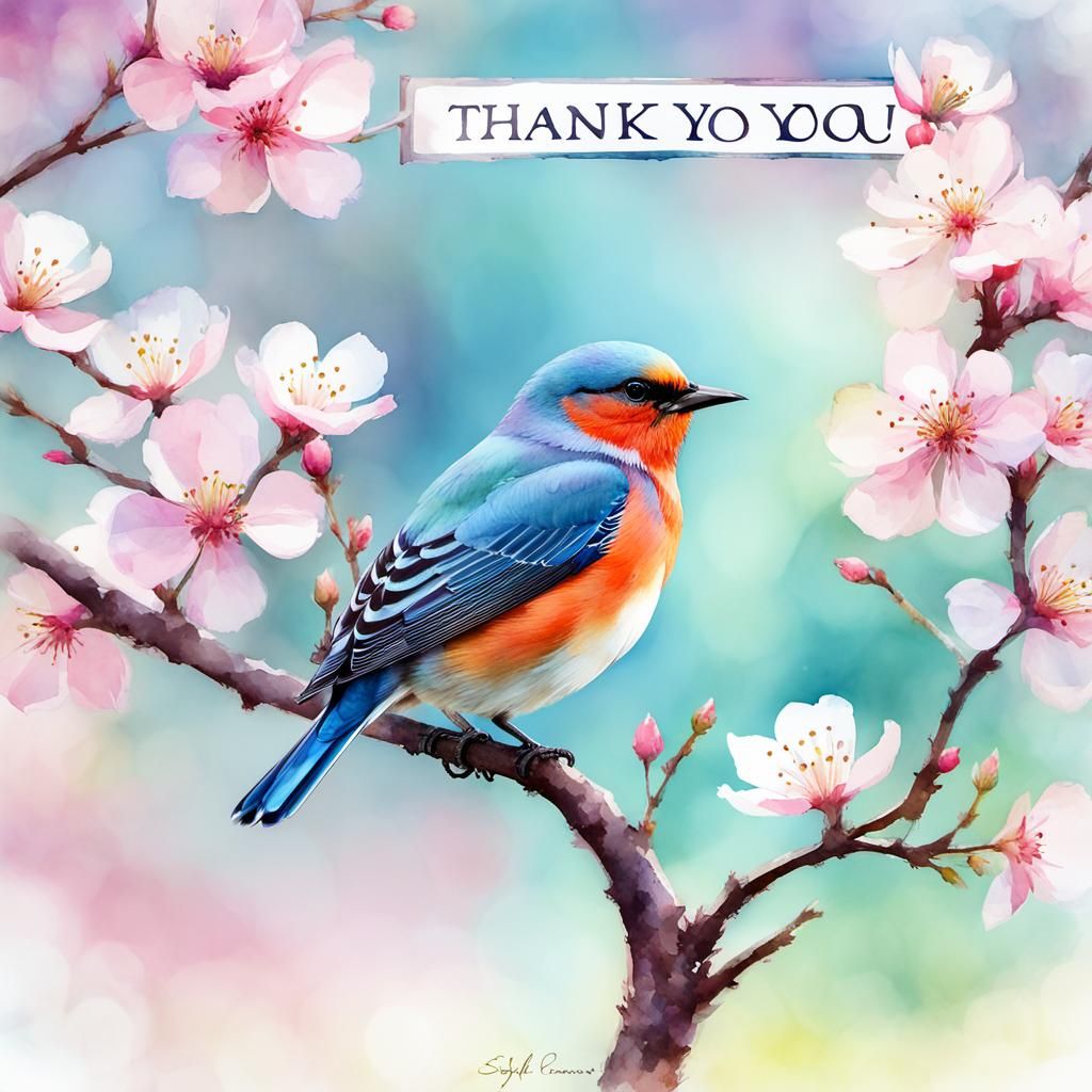 Bird Pecks Thank You Sign in Watercolor Style