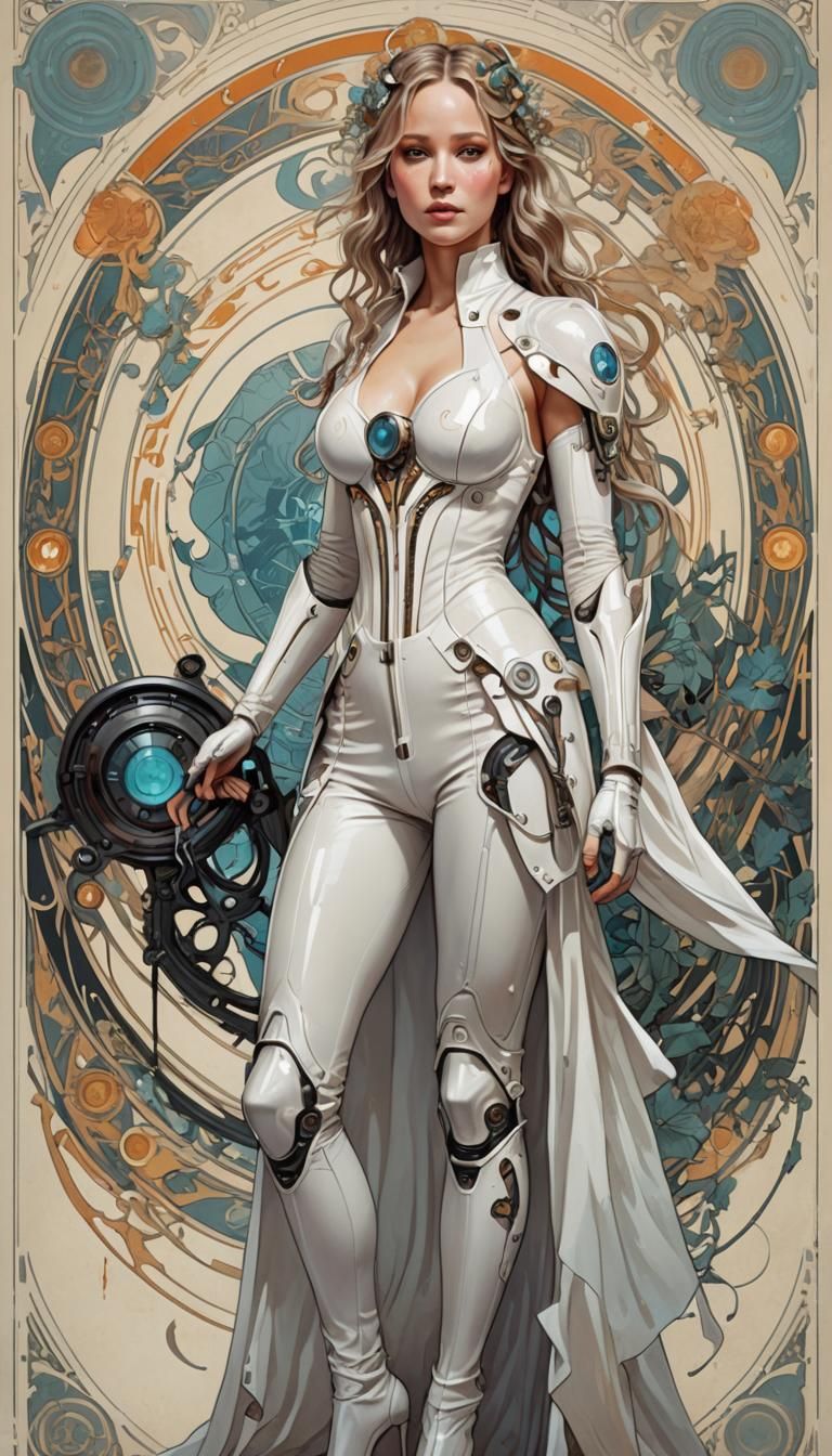 Jennifer Lawrence as Cyberpunk Witch in Art Nouveau