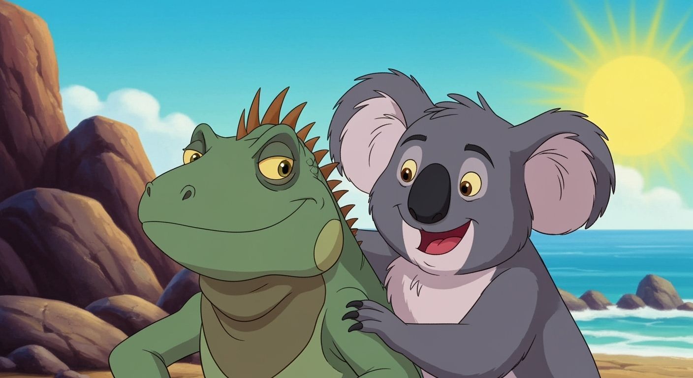 Iguana and Koala Friendship on Rocky Shore
