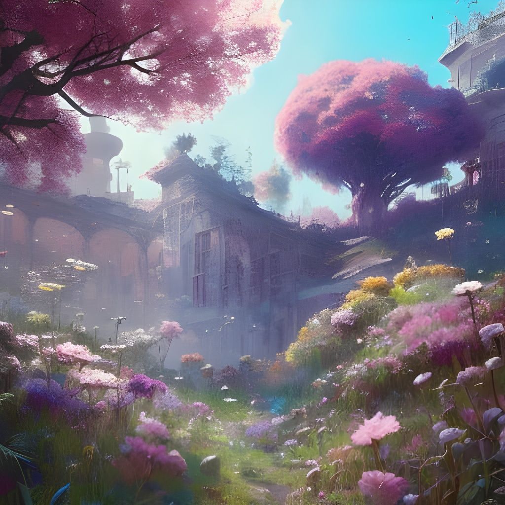 Ruins Reclaimed: A Floral Landscape in Digital Art