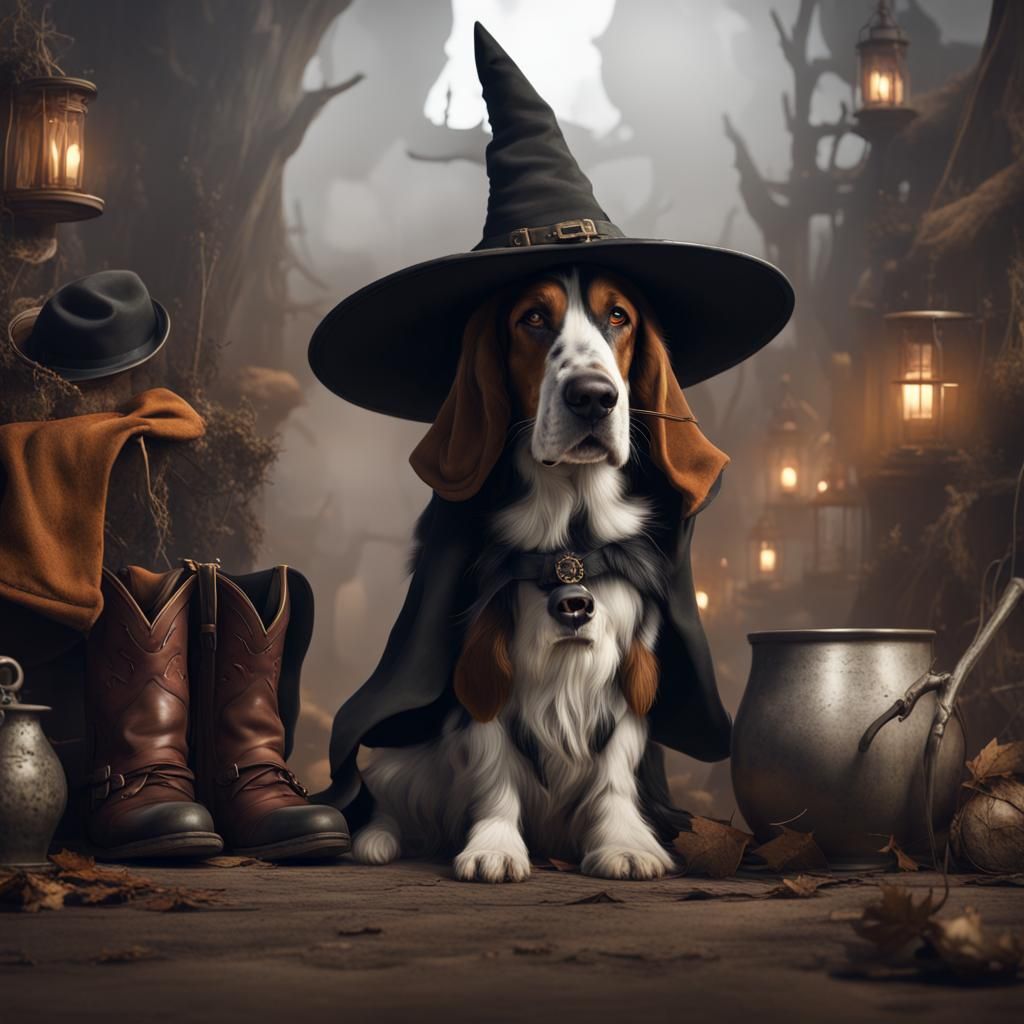 Basset Hound Witch in Old West Style: Detailed Matte Paintin...
