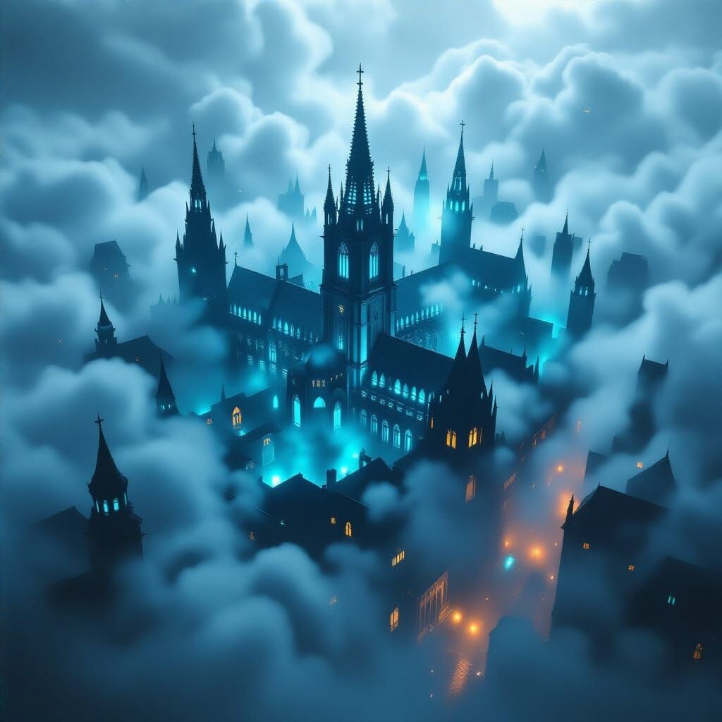 Gothic Night City Bird's-Eye View in Digital Painting Style