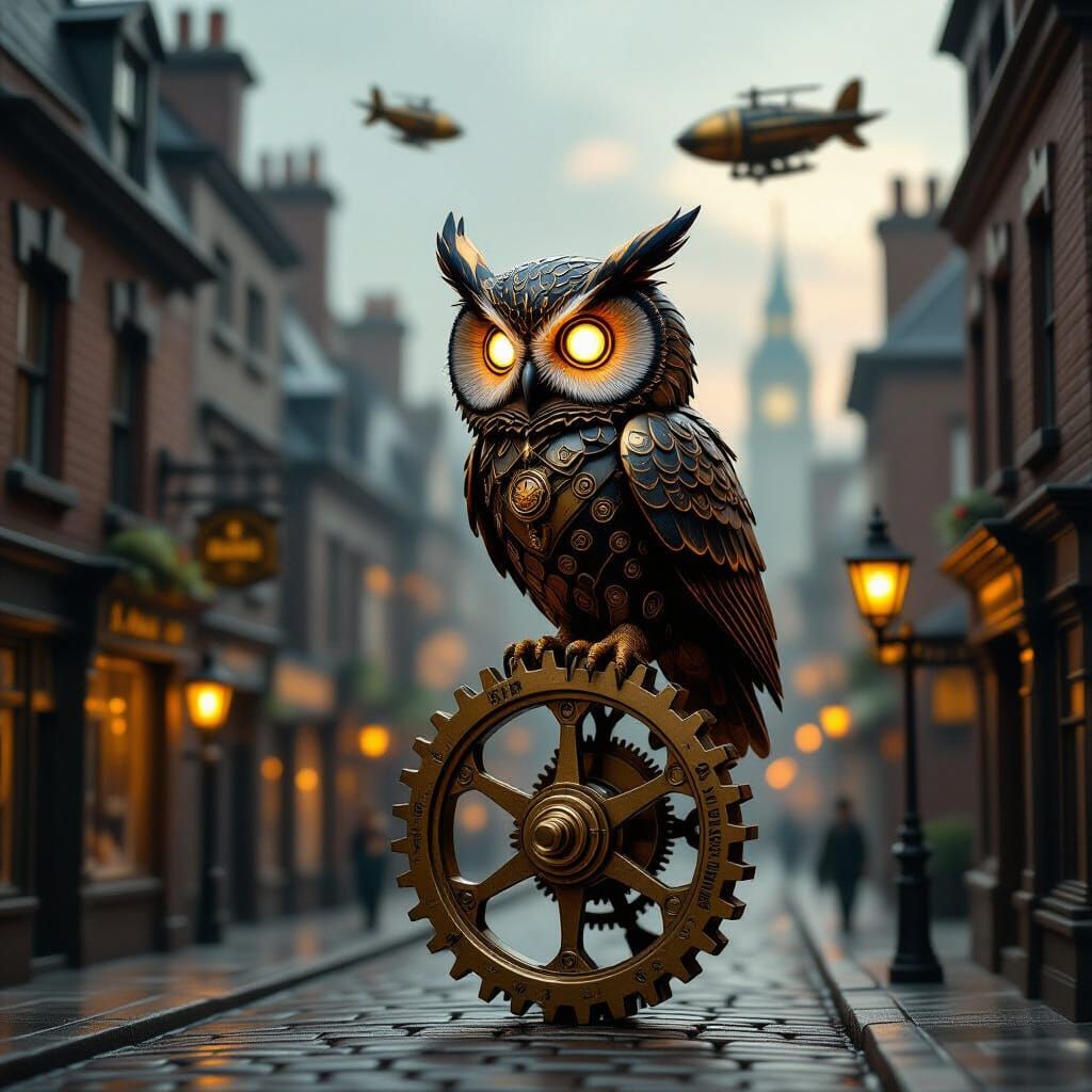 Clockwork Owl Over Steampunk Victorian London Street
