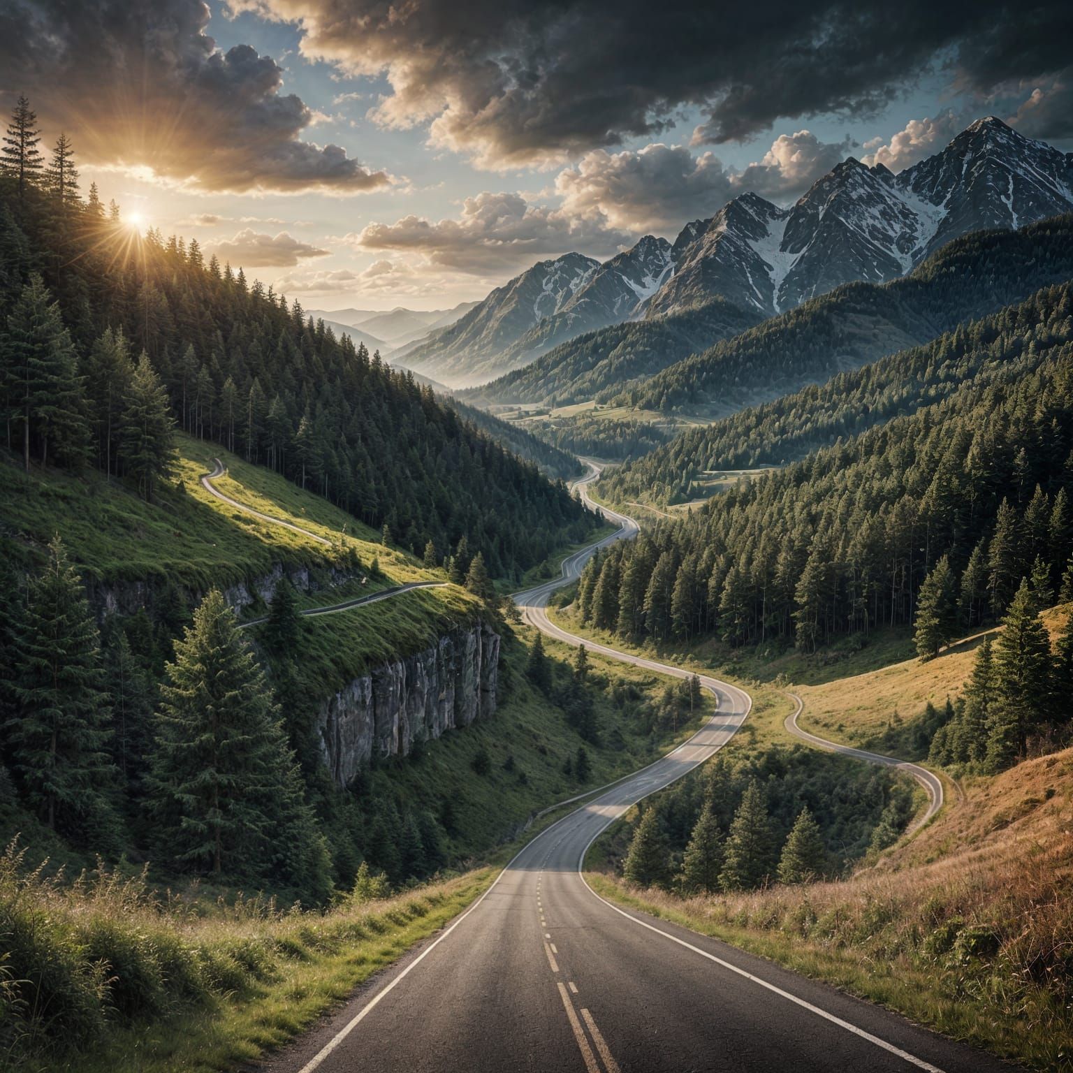 Man on Winding Road to Forest Under Dramatic Sky