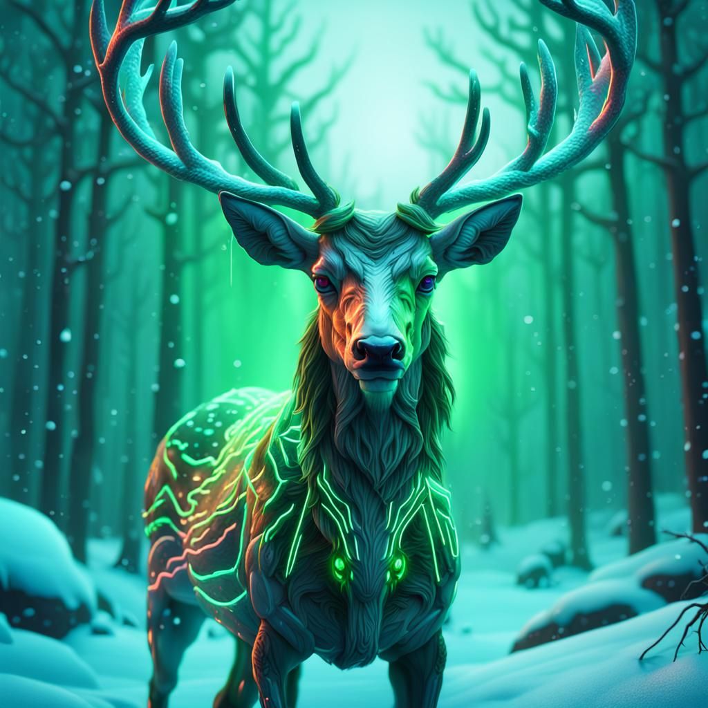Mutant Deer in Neon Snow: Fantasy Concept Art
