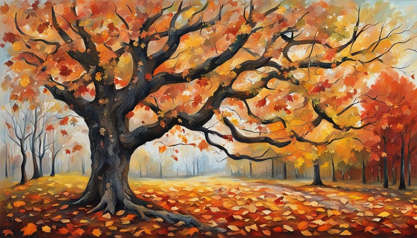 Expressionistic Painting of Autumnal Tree with Fallen Leaves