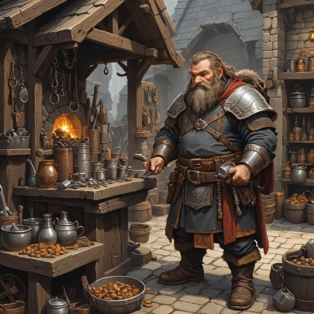 Dwarven Blacksmith Displaying His Wares