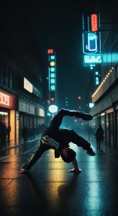 Urban Breakdancer in Neon City, Cinematic Photography