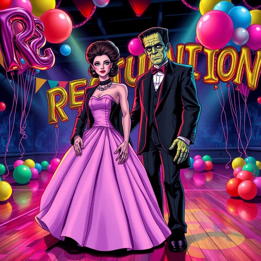 Frankenstein and Bride Reunion in Graphic Novel Style