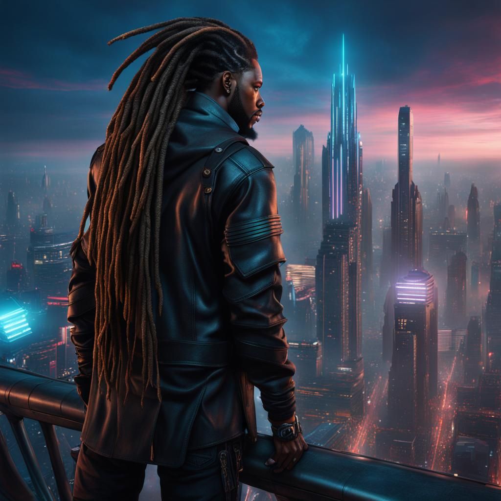 Cyberpunk: Black Man on Skyscraper in Future City