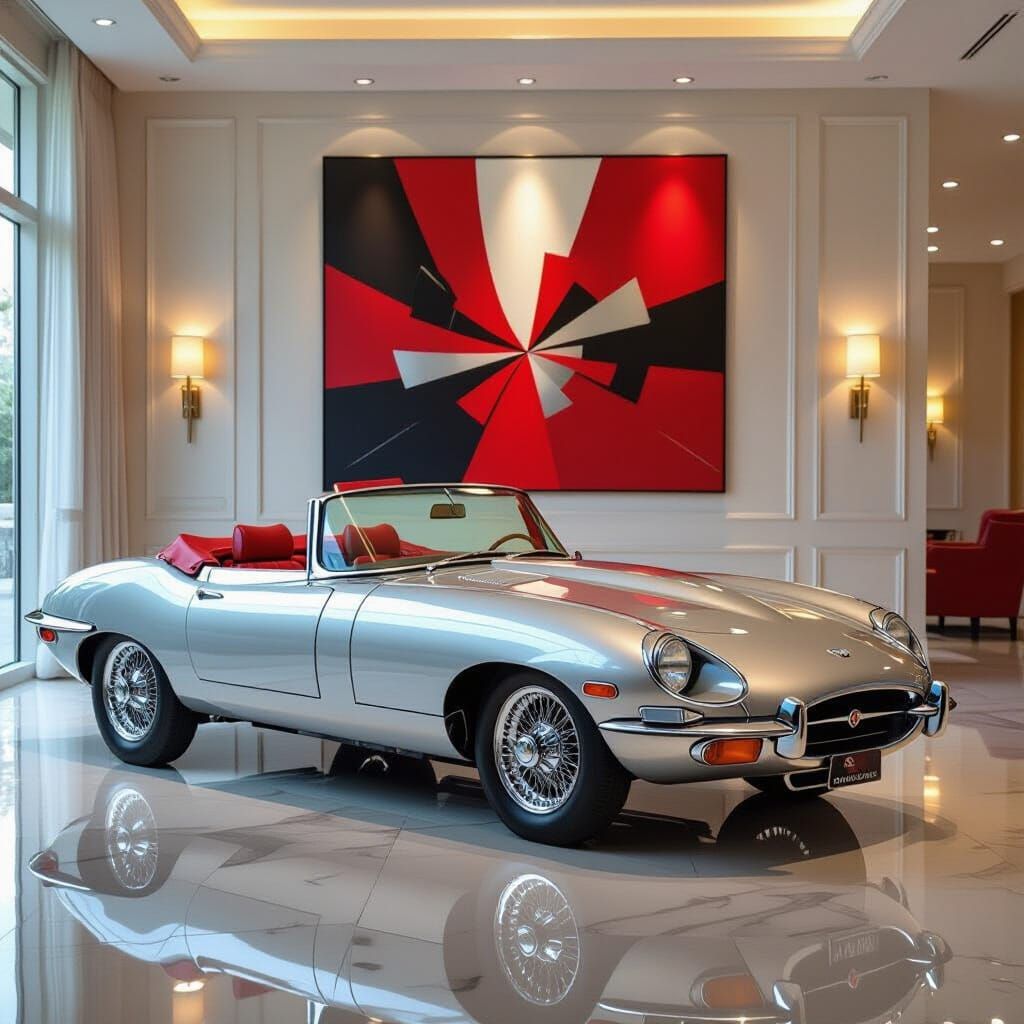 Silver Jaguar XKE Art Piece in Luxurious Living Room