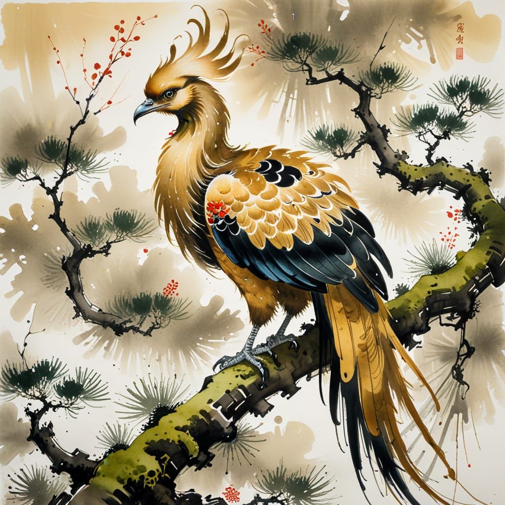 Golden Phoenix Portrait in Chinese Ink Wash Style