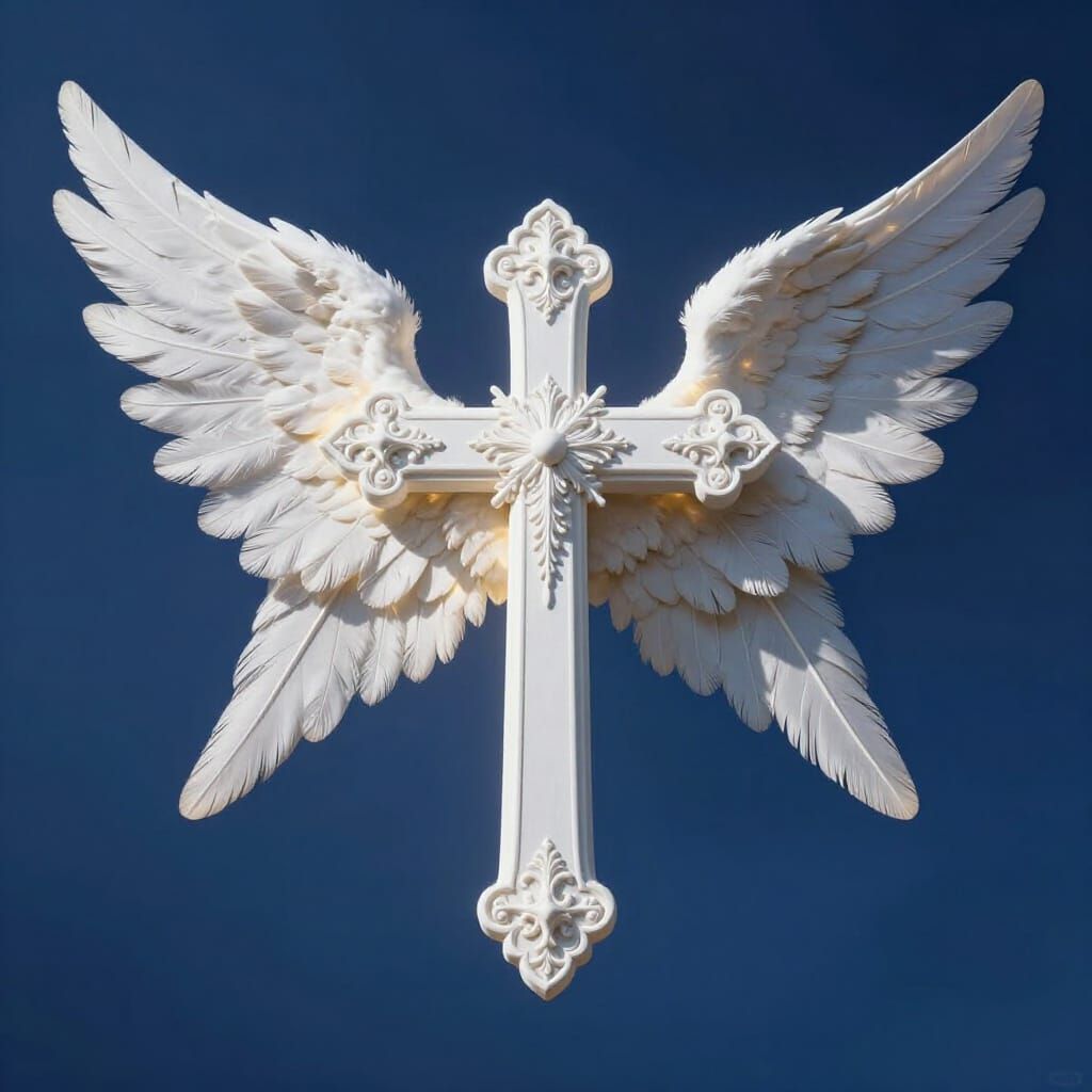 Divine White Cross With Angelic Wings in Hyperrealistic Styl...