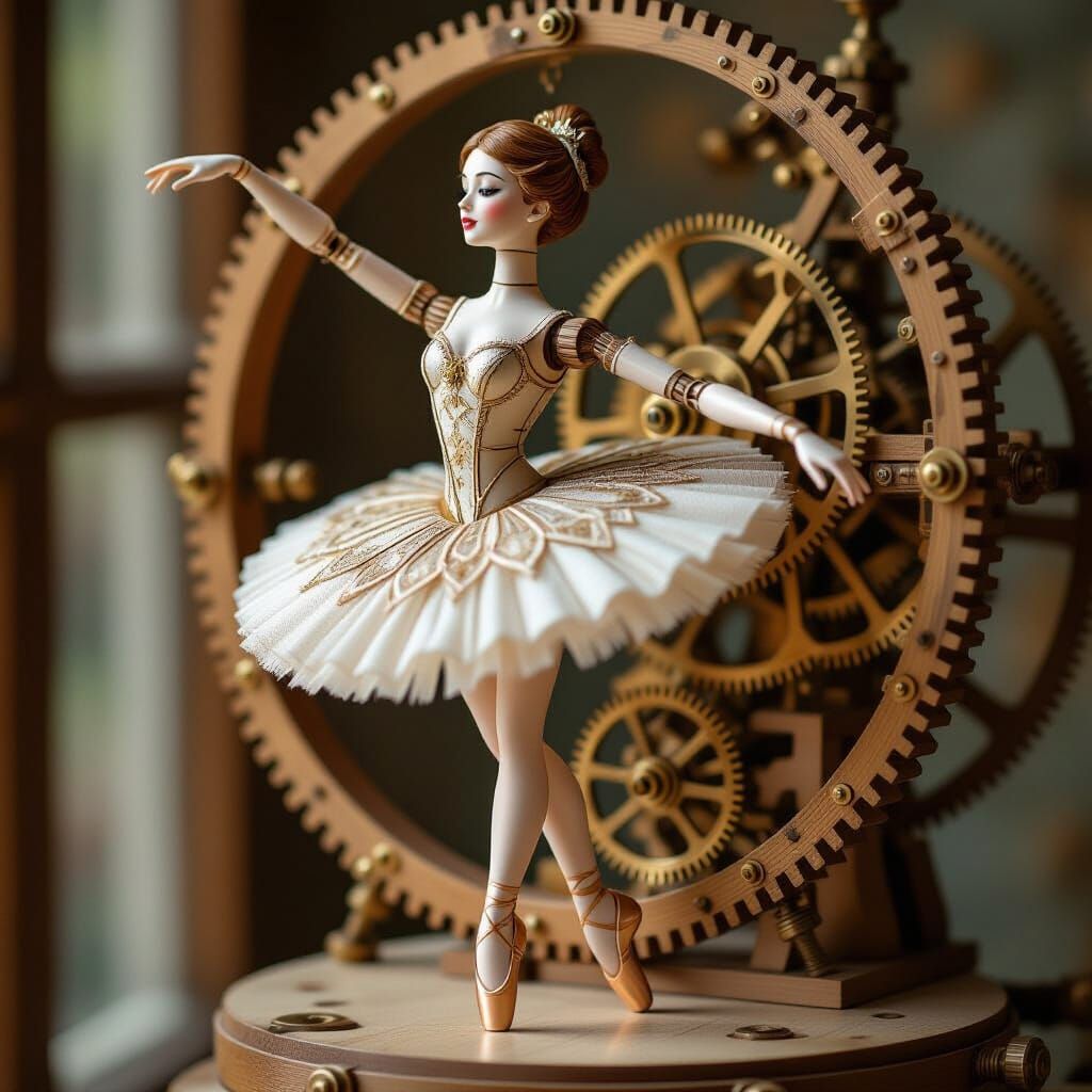 Wooden Ballet Automaton with Visible Clockwork